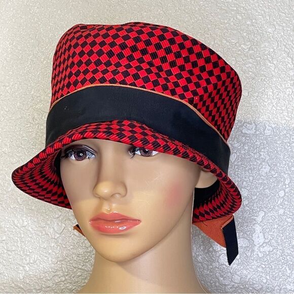 Vintage Sears Millinery Checkered Bucket Hat Red and Black with Orange Detail - Picture 1 of 9